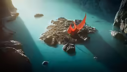an orange kite flies over a small lake