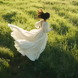 a woman in a white dress runs through an open field
