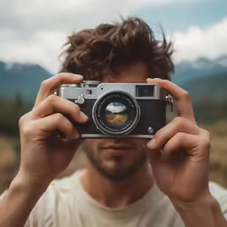 man with brown hair taking a photo with his camera