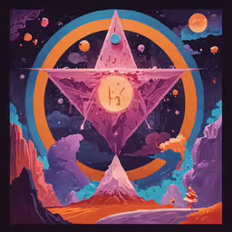 a poster that reads kaly the star above a mountain and surrounded by planets,a digital art piece with a pink star on top of it