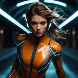 the attractive woman in a robot suit has long hair