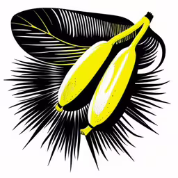 two bananas hanging from leaves on white background