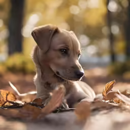 a puppy sits in the leaves looking into the camera