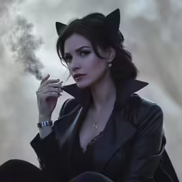 a woman smoking a cigarette in a leather outfit