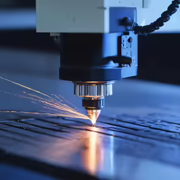 a close up of a machine cutting something with a large piece of machinery behind it