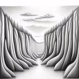 a pencil drawing of the valley leading into a mountain,a drawing of trees that are in the air,an illustration of a white mountain river and tree covered hills,a drawing of a mountain with a long, narrow line,an art piece with a black and white image