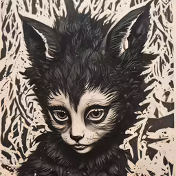 black and white drawing of a cat with an intricate pattern on it