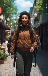 a woman walking down the street wearing brown and black clothing