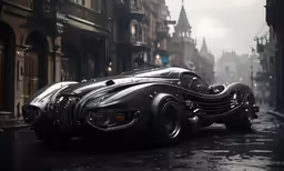 an old fashioned car is driving down the street