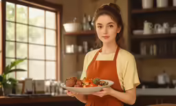 a woman wearing an apron is holding a plate with food