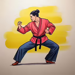 a painting on canvas depicting a man in a chinese karate stance