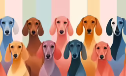 six dachshunds standing in a group against a multi colored wall