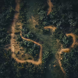 aerial view of dirt road in the middle of forest