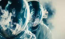 an astronaut has a futuristic bubble as his face
