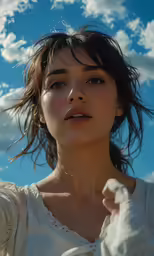 a woman with her hair pulled back against the wind