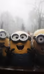 two minions in front of the rain with their eyes wide open