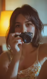 a girl is holding a camera up to her face