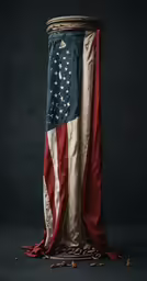 a patriotic flag draped in a woven basket