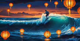 a man rides a wave in front of lanterns floating above the ocean,a man surfing a wave full of lantern shaped lanterns