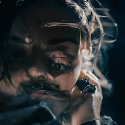 a woman with a microphone that is surrounded by smoke