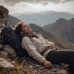 a woman is laying on a rocky ledge