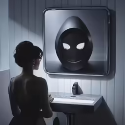 a woman standing in front of a mirror with an alien head