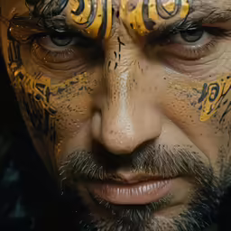 close up of an ugly face covered with tattoo art