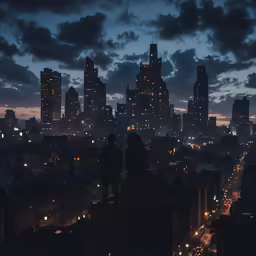 people on a ledge of a building overlooking city lights