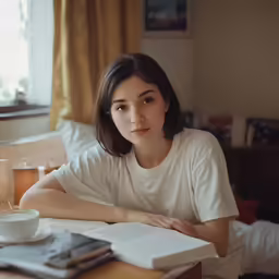 the girl is leaning on the bed next to her cup and book