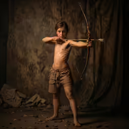 a young boy with his shirtless body and shirt is holding an arrow
