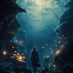 a woman standing in the forest surrounded by lanterns