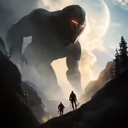 an alien man stands next to two people on a mountain