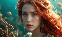 a woman with red hair is looking at the camera