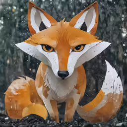 an orange and white stuffed fox sitting on some rocks