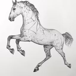 an ink drawing of a horse in black and white