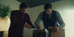 two men doing something in the middle of the room