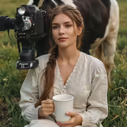 woman in white dress holding coffee mug near camera