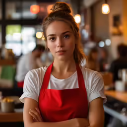 a woman standing in a restaurant in an apron