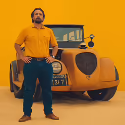 a man standing next to a vintage car in front of a yellow wall