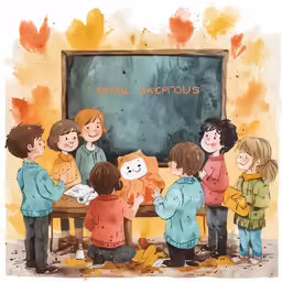 a group of children sitting around a table together