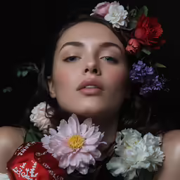 a woman wearing flowers around her neck, and in her hair