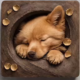 a small dog curled up in a round piece of wood