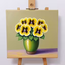 a painting of pansies painted on a canvas in the middle of an easel,this is a painting of yellow pansies in a green vase