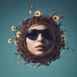 woman with sunglasses on with bird nest and flowers around her