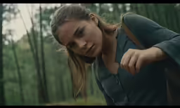 a woman with long hair posing in the woods
