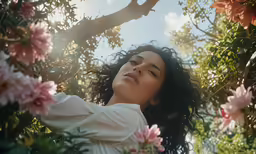 a woman in white shirt standing next to a bunch of flowers