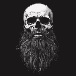 a skull with long hair and beard in black and white