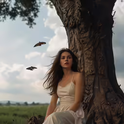 woman in long dress sitting next to tree with bird flying overhead