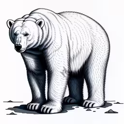 a white polar bear with very thin lines,a black and white drawing of a polar bear