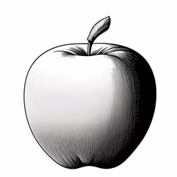 an apple with the stem raised to be half filled,an apple that is in black and white